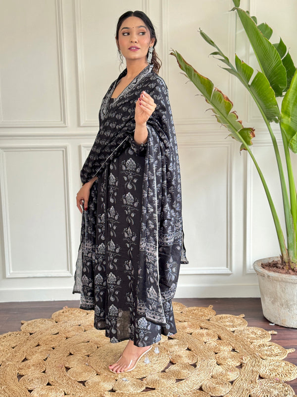Black Foil Print Flared Dresses