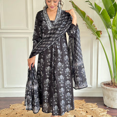 Black Foil Print Flared Dresses