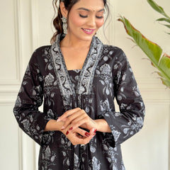 Black Foil Print Flared Dresses