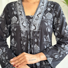 Black Foil Print Flared Dresses