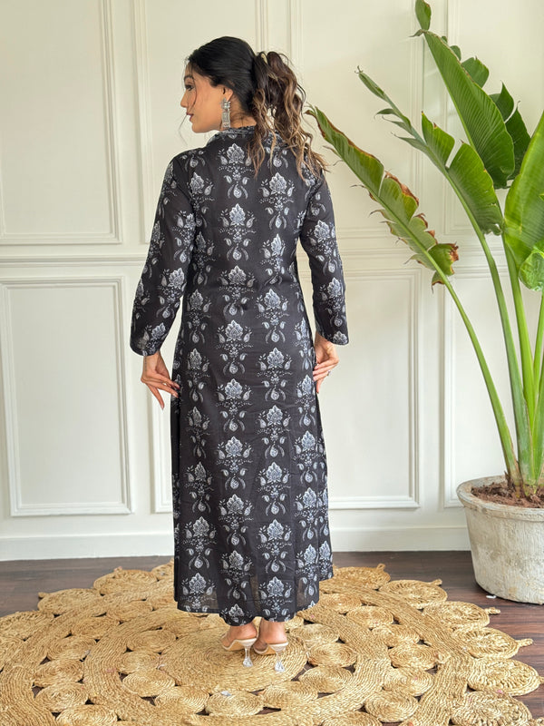 Black Foil Print Flared Dresses