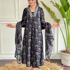 Black Foil Print Flared Dresses