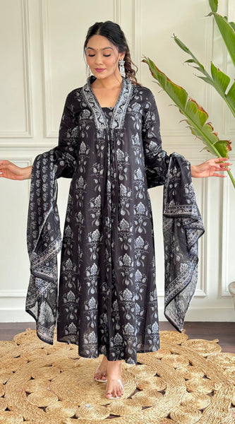 Black Foil Print Flared Dresses