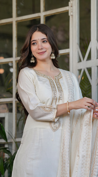 Elegant Ivory Embroidered Straight Dress