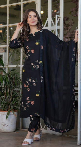 Black Floral Printed Straight Dress with Dupatta