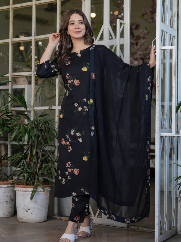 Black Floral Printed Straight Dress with Dupatta