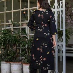 Black Floral Printed Straight Dress with Dupatta