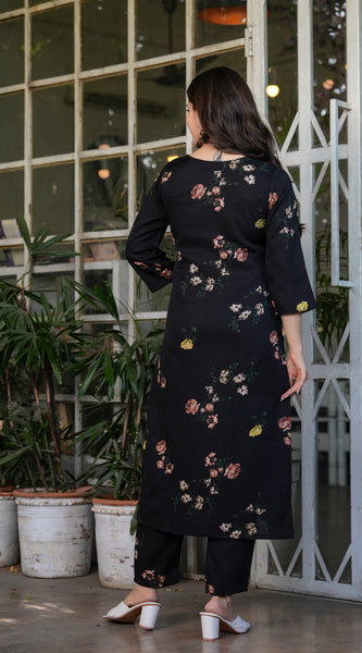 Black Floral Printed Straight Dress with Dupatta