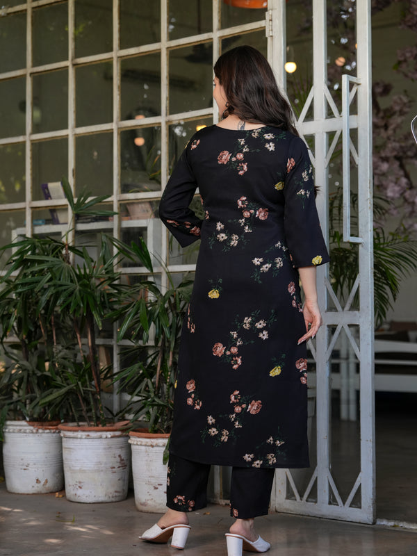 Black Floral Printed Straight Dress with Dupatta