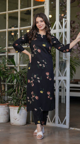 Black Floral Printed Straight Dress with Dupatta