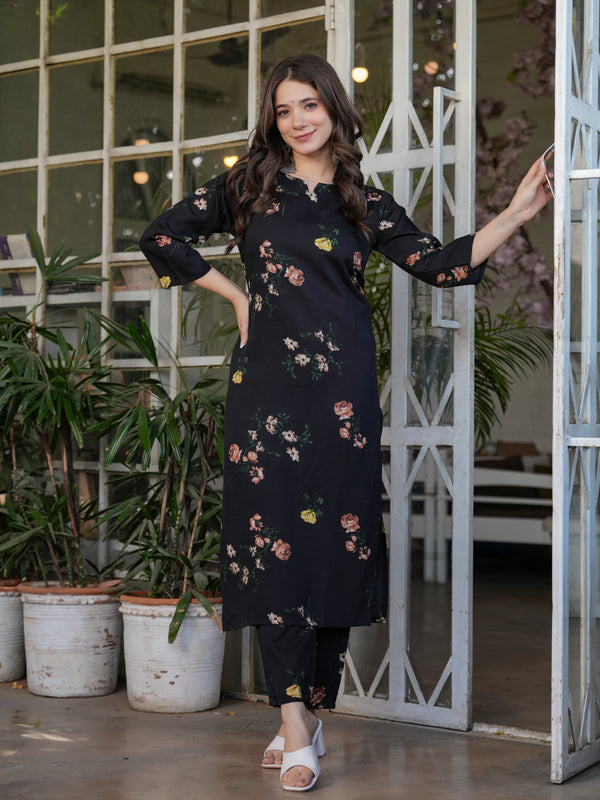 Black Floral Printed Straight Dress with Dupatta