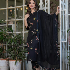 Black Floral Printed Straight Dress with Dupatta