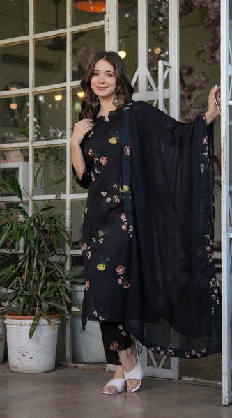 Black Floral Printed Straight Dress with Dupatta