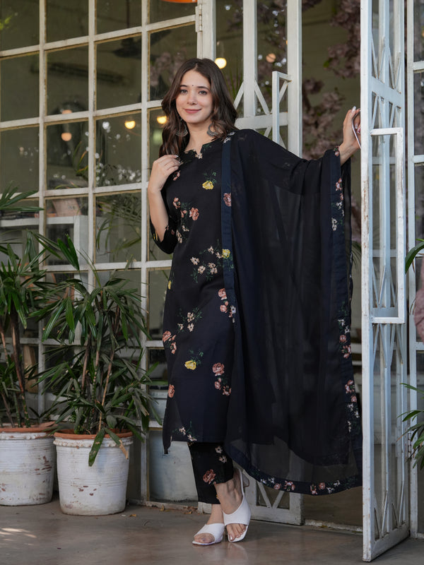 Black Floral Printed Straight Dress with Dupatta
