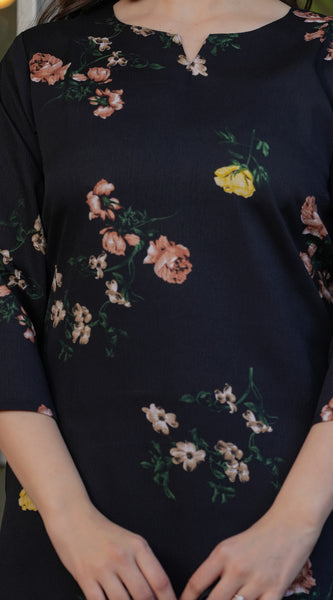 Black Floral Printed Straight Dress with Dupatta
