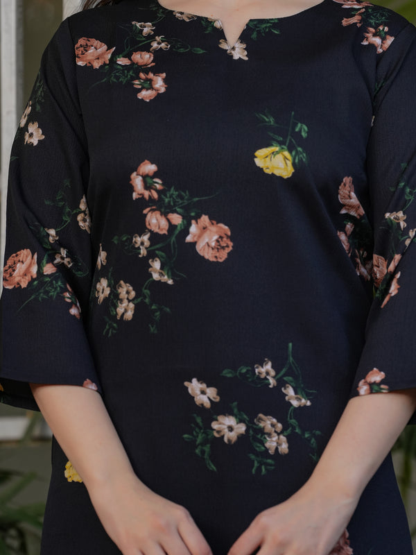 Black Floral Printed Straight Dress with Dupatta