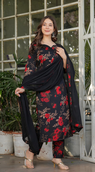 Black Floral Printed Straight Dresses