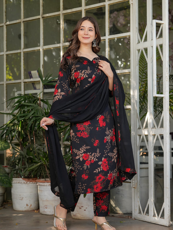 Black Floral Printed Straight Dresses