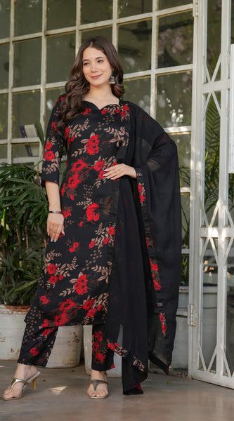 Black Floral Printed Straight Dresses