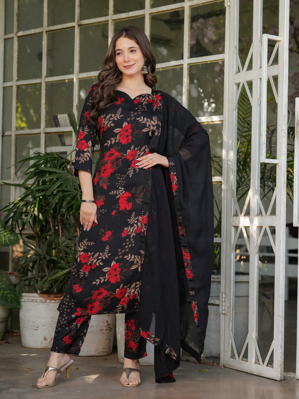 Black Floral Printed Straight Dresses
