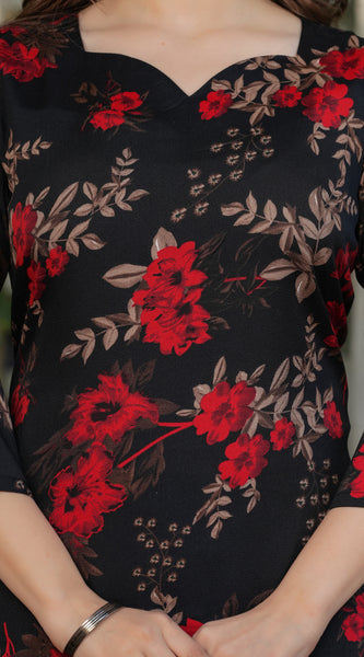 Black Floral Printed Straight Dresses