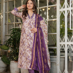 Floral Beige & Purple Ethnic Dresses