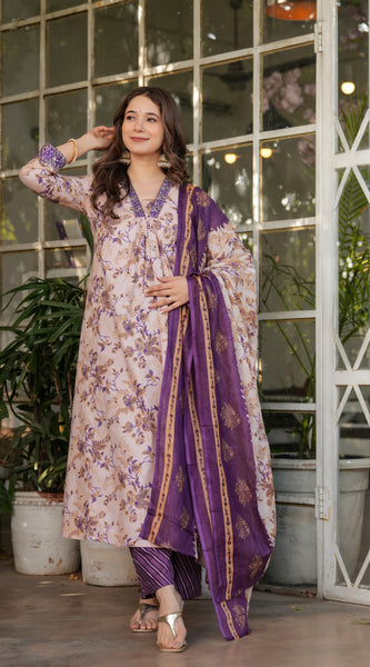 Floral Beige & Purple Ethnic Dresses