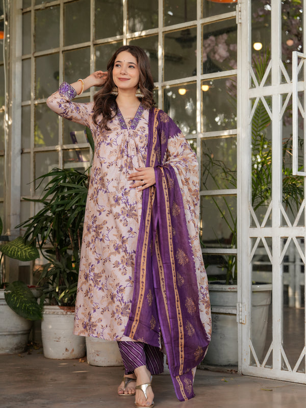 Floral Beige & Purple Ethnic Dresses