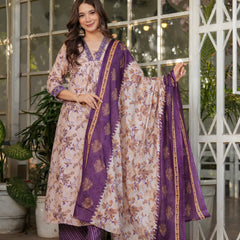 Floral Beige & Purple Ethnic Dresses
