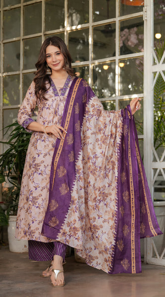 Floral Beige & Purple Ethnic Dresses