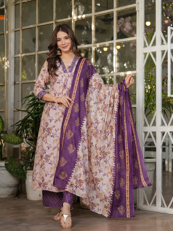 Floral Beige & Purple Ethnic Dresses