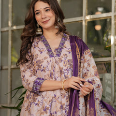 Floral Beige & Purple Ethnic Dresses