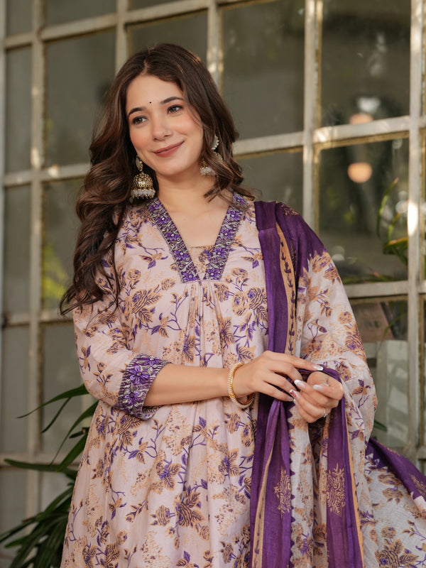 Floral Beige & Purple Ethnic Dresses