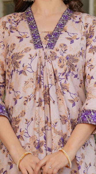 Floral Beige & Purple Ethnic Dresses