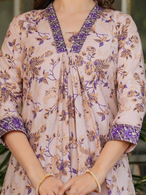 Floral Beige & Purple Ethnic Dresses