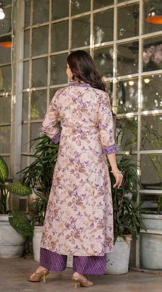 Floral Beige & Purple Ethnic Dresses