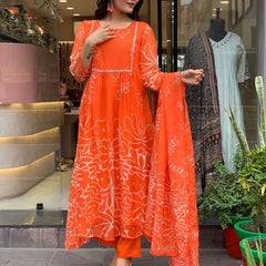 Bright Orange Floral Printed Dresses