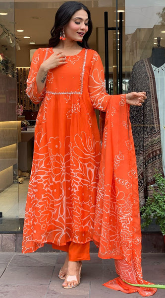 Bright Orange Floral Printed Dresses