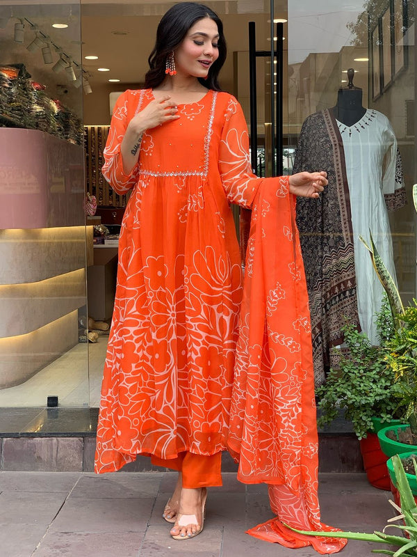 Bright Orange Floral Printed Dresses