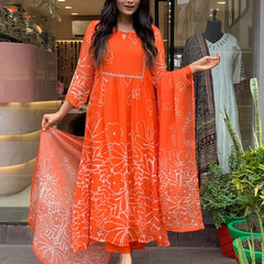 Bright Orange Floral Printed Dresses