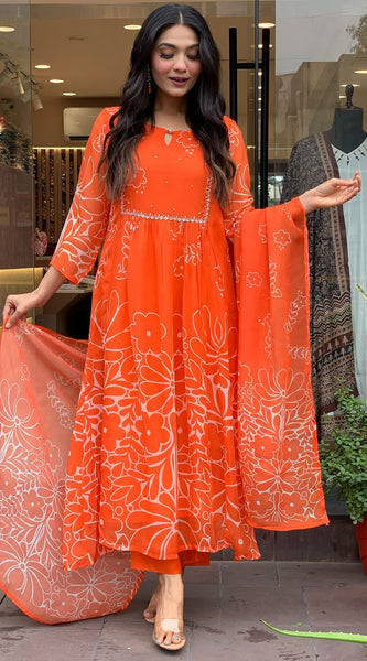 Bright Orange Floral Printed Dresses