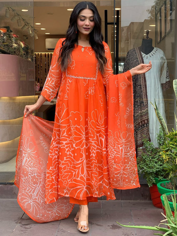 Bright Orange Floral Printed Dresses