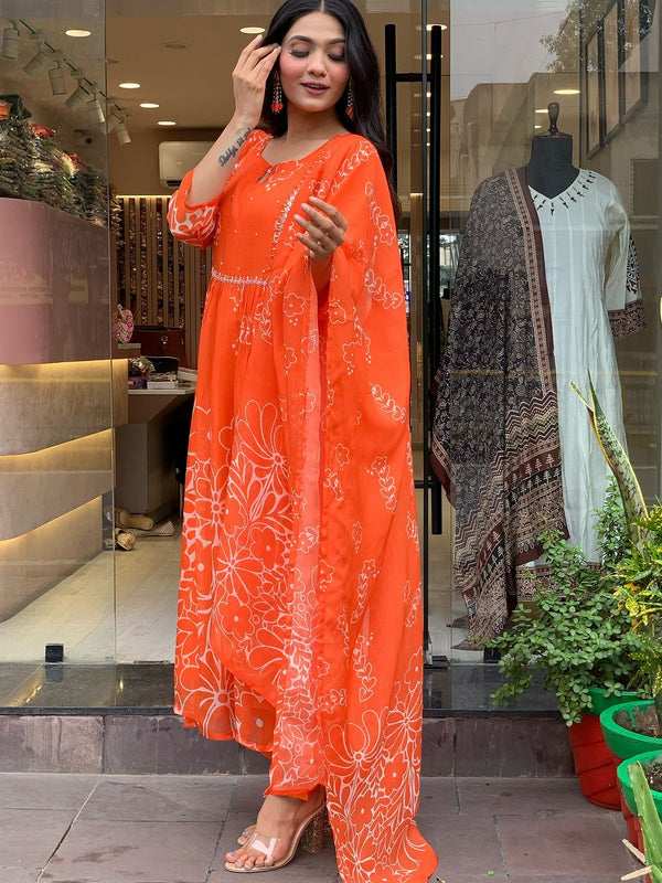 Bright Orange Floral Printed Dresses