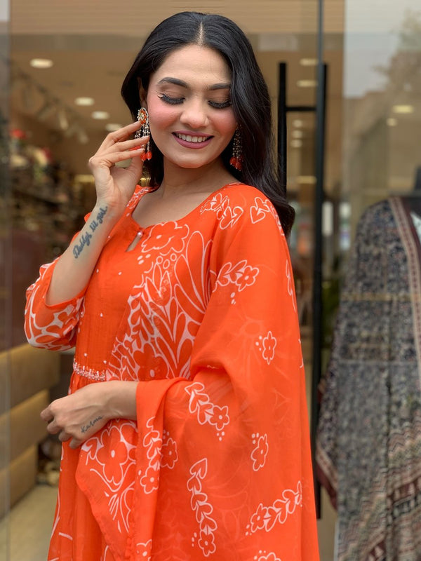 Bright Orange Floral Printed Dresses