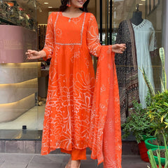 Bright Orange Floral Printed Dresses