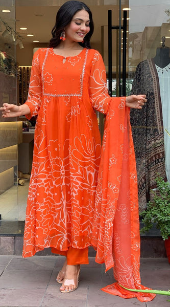 Bright Orange Floral Printed Dresses