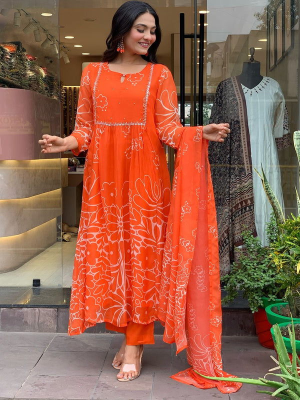 Bright Orange Floral Printed Dresses