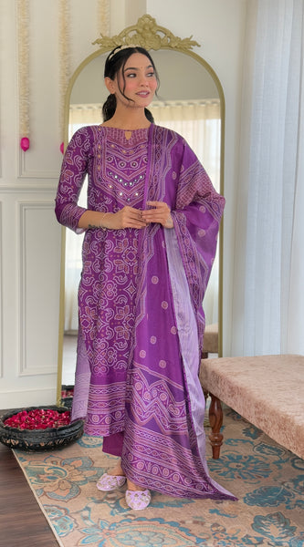 Purple Bandhani Print Mirror Work Dresses