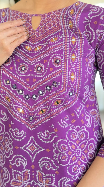 Purple Bandhani Print Mirror Work Dresses