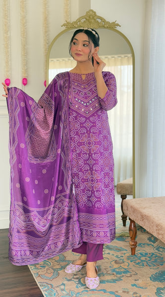 Purple Bandhani Print Mirror Work Dresses